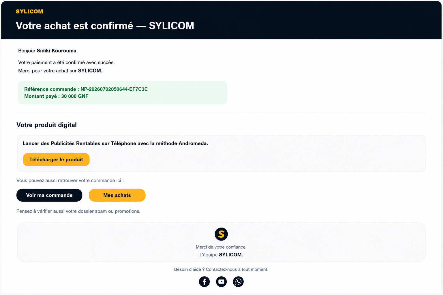 Email complet de confirmation et livraison automatique du produit digital KOZES PAY