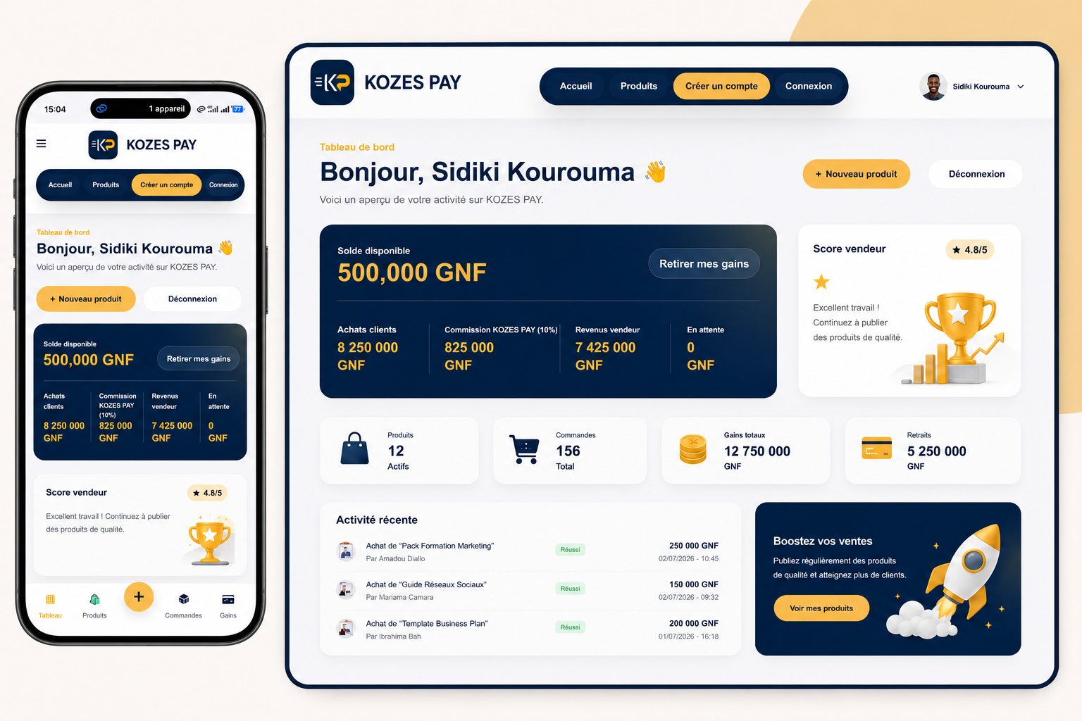 Aperçu responsive de l'espace vendeur KOZES PAY avec solde disponible de 500 000 GNF